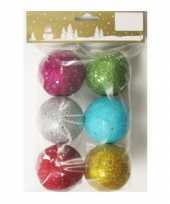 6x gekleurde onbreekbare kerstballen met glitters 6 cm