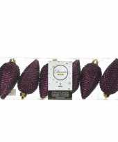 6x kunststof dennenappel kerstballen glitter aubergine paars 8 cm kerstboom versiering decoratie
