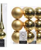 Gouden kerstversiering kerstdecoratie set piek en 12x kerstballen 8 cm glans mat