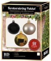 Gouden licht champagne zwarte kerstballen pakket 91 delig voor 150 cm boom