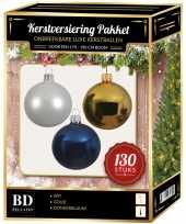 Gouden witte donkerblauwe kerstballen pakket 130 delig voor 180 cm boom