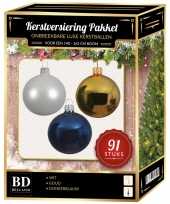 Gouden witte donkerblauwe kerstballen pakket 91 delig voor 150 cm boom
