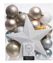 Luxe kerstballen pakket piek ijsblauw goud wit kunststof 33 stuks