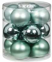 Tube met 12 mint groene kerstballen van glas 8 cm glans en mat