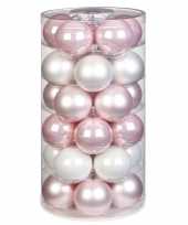 Tube met 30x lichtroze en witte kerstballen van glas 6 cm glans en mat