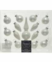 Winter witte glazen kerstballen en piek set voor mini kerstboom 15 dlg