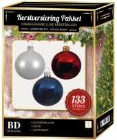 Witte donkerblauwe kerst rode kerstballen pakket 133 delig voor 180 cm boom
