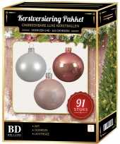 Witte lichtroze oud roze kerstballen pakket 91 delig voor 150 cm boom