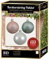 Witte mintgroene lichtroze kerstballen pakket 133 delig voor 180 cm boom
